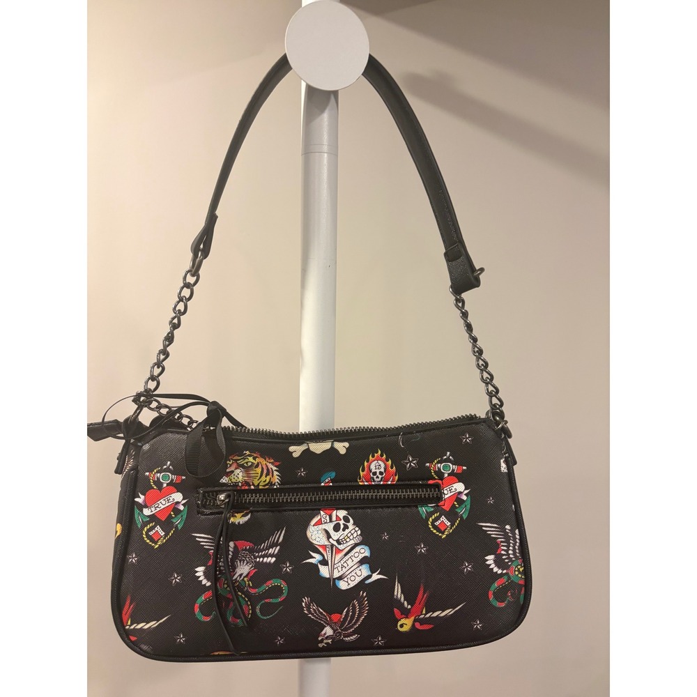 Vintage Y2K Ed Hardy Baguette Bag Tattoo Saffiano Black Tiger Skull Charm Bow - Picture 2 of 6